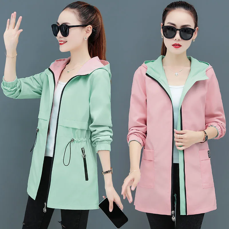 New 2024 Women Jacket Spring Autumn Hooded Coat Casual Windbreaker Female Double-sided Wear Zippers Basic Jacket Ladies Outerwea