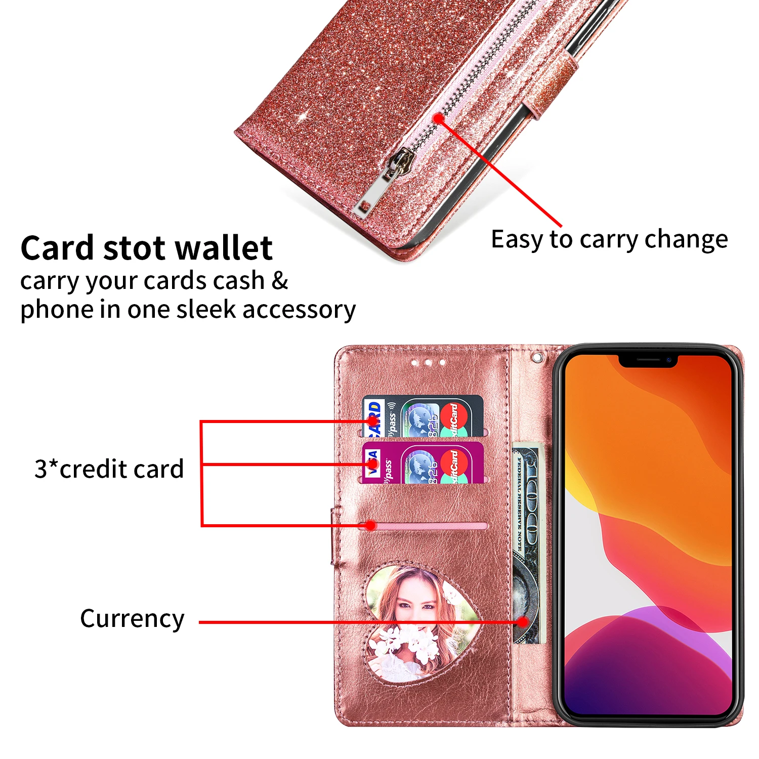 Zipper Flip Wallet Glitter Leather Case for iPhone 16 15 14 13 12 11 Pro Max XS XR 8 7 Plus SE 2022 Mini Bling Stand Phone Cover