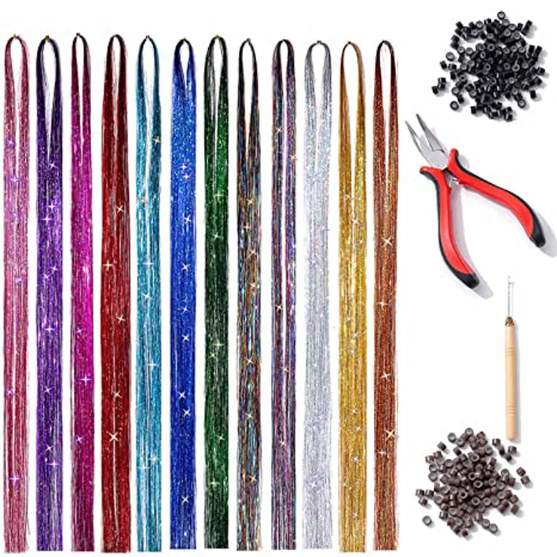 47 Inches 12 Colors Hair Tinsel Kit Strands with Tools Extensions for Women Girls Braiding Sparkle Shiny Hair