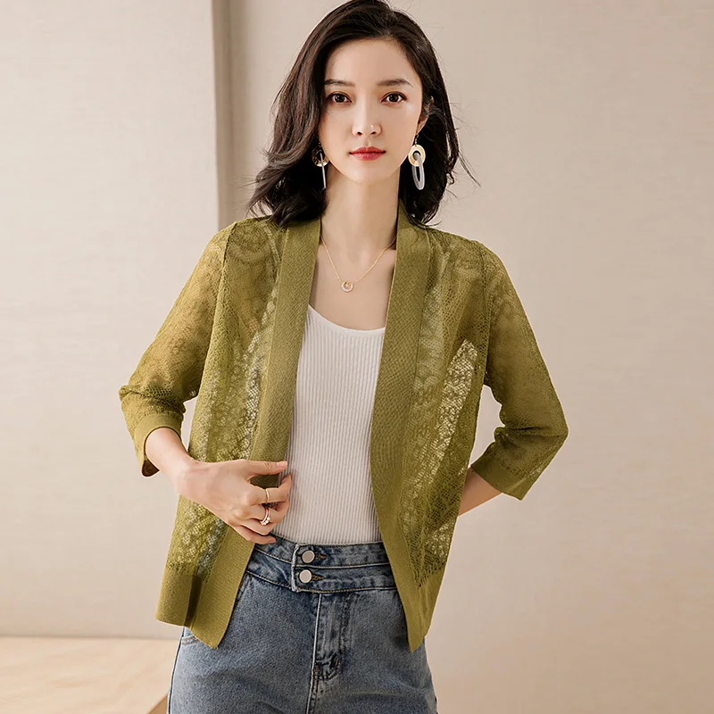 

Women Cardigan Summer Spring Lace Knitwear Hollow Sweater Coat See Through Clothes Half Sleeve