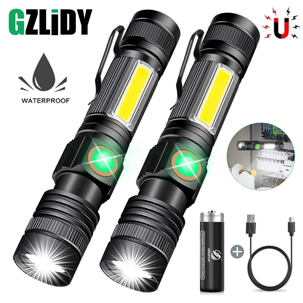 Powerful XHP50/T6 LED Flashlight Waterproof COB Torch with Tail Magnet Zoomable Camping Lantern 2600mAh 18650 USB Work Light