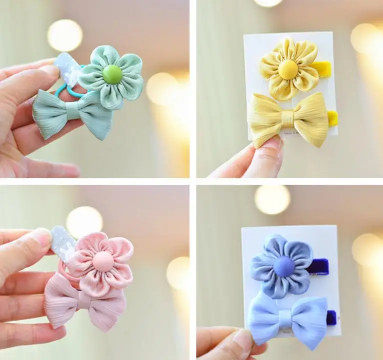 4pcs/set Children Hair Accessories  Baby Girls Bows Hair Ties Hair Clips For Girls Kids Elastic Hair Bands Hair Ties Ring Rope