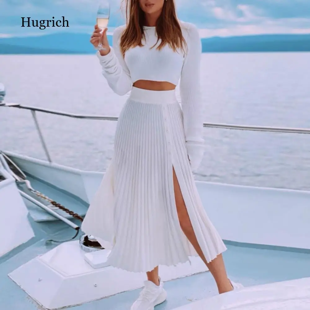 Women Fashion Sweater Suit Solid White Sexy Sweater Knit Long Sleeve Crop Tops Side Buttons Split Pleated Skirt Two Piece Set