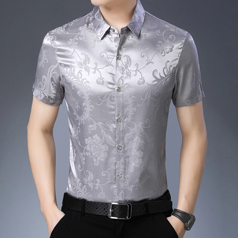 

Men's 2021 Summer Silk Clothes Fahion Floral Shirts Male Short Sleeve Soft Silk Dress Shrit Man Casual Streetwear Shirt