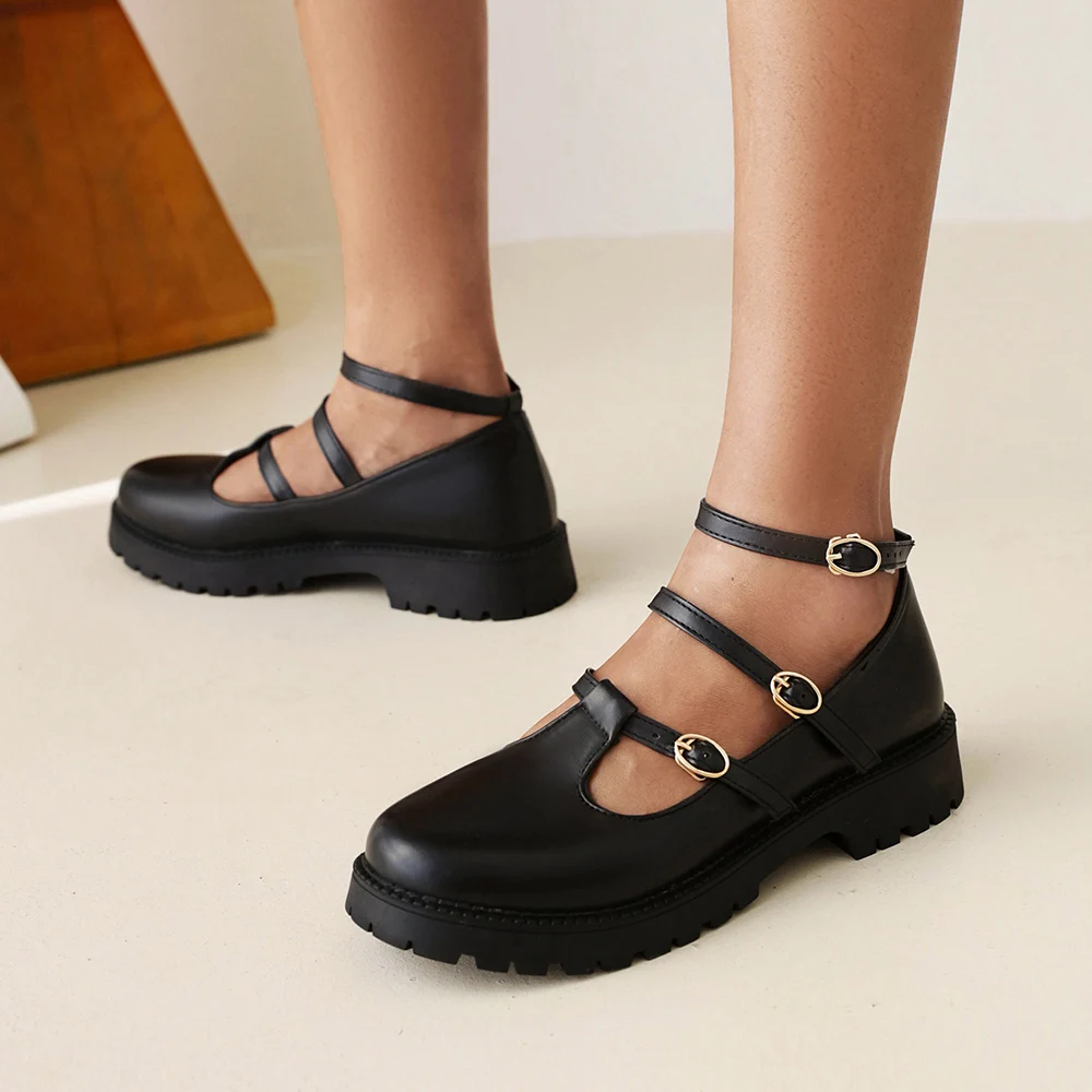 Literary Retro Lolita Women Flats Mary Janes Shoes Round Toe Student Girl Platform T-Strap Buckle Bullock Shoes Green