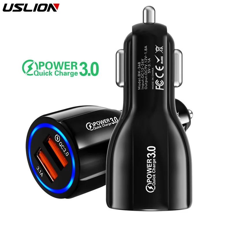 USLION Car USB Charger Quick Charge 3.0 2.0 Mobile Phone Charger 2 Port USB Fast for iPhone 13 14 XS Samsung Tablet Car-Charger