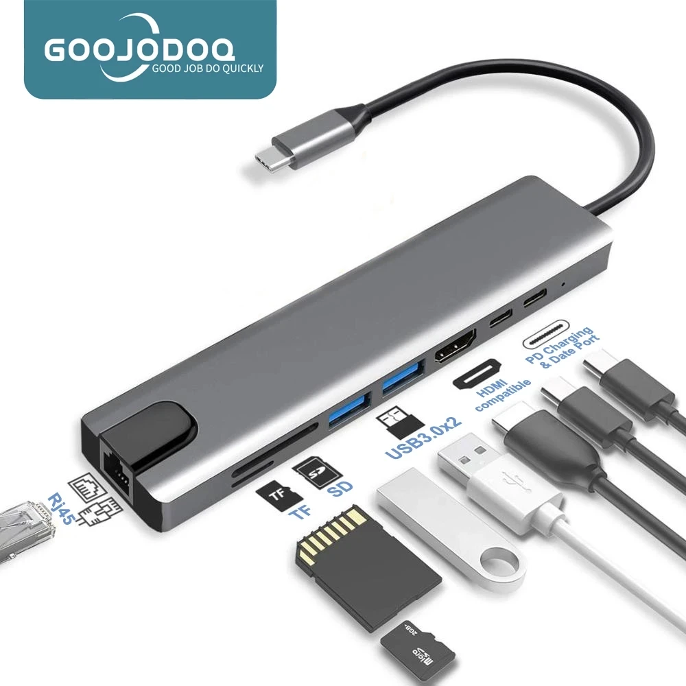 usb c hub tipo c 31 a 4k hdmi compativel com rj45 usb sd tf leitor de cartao pd carga rapida 8 em1 doca usb para macbook ar pro hub 01