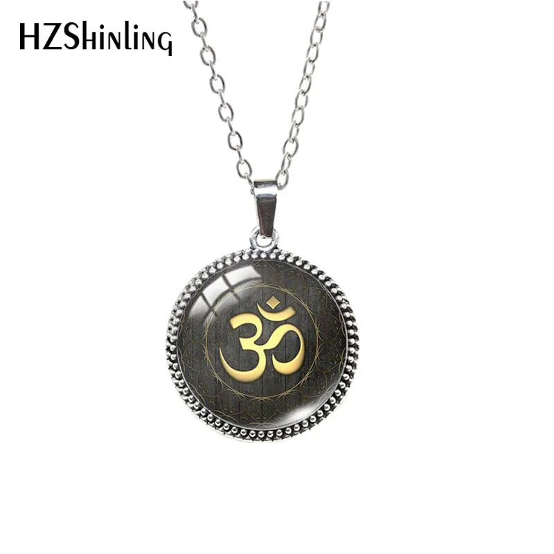 Indian Sanskrit OM Symbol OHM OM AUM Buddha Lotus Glass Cabochon Antique Necklace Jewelry