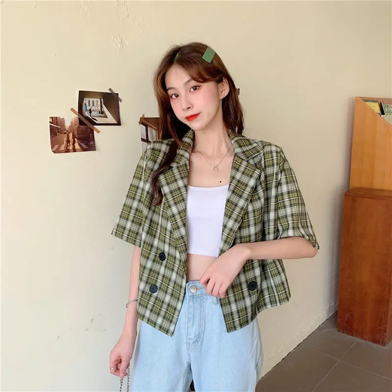 Giacche ritagliate donna Chic Plaid estate Trendy coreano Vintage doppio petto capispalla donna abbigliamento Casual Casual All-match