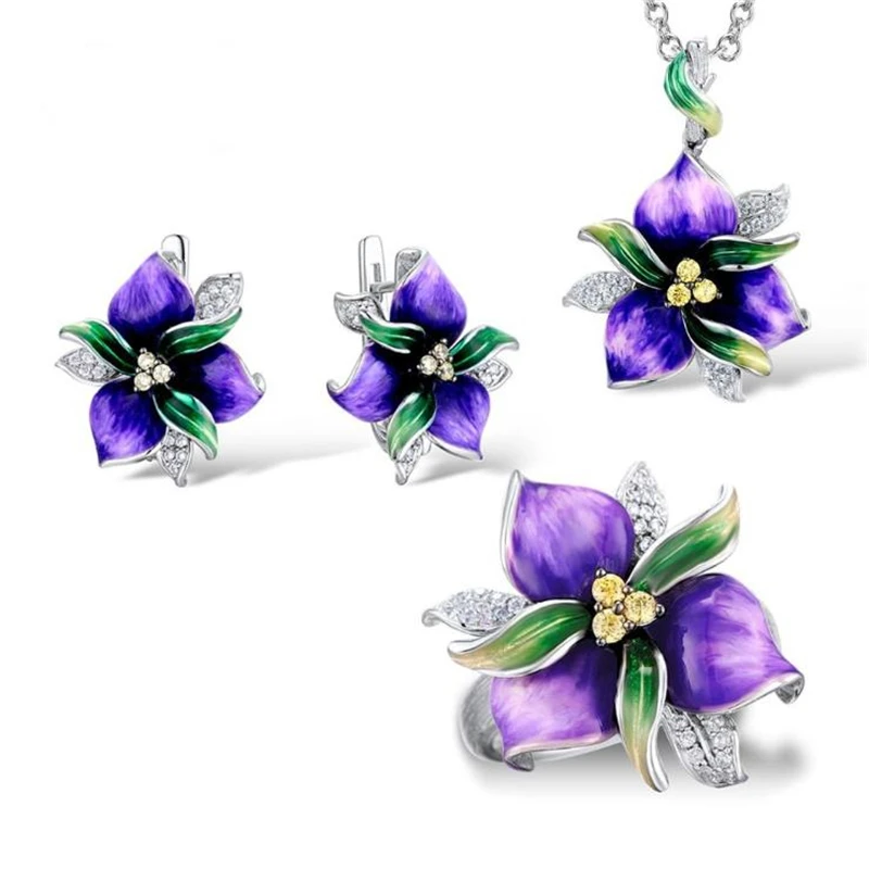 KOFSAC 2020 Fashion Jewelry Sets 925 Silver Earrings For Women Elegant Orchid Enamel Necklaces Rings Lady Valentine's Day Gifts