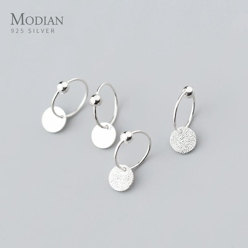 Modian New Design 100% 925 Sterling Silver Round Scrub Swing Charm Minimalist  Hoop Earrings For Women S925 Silver Jewelry