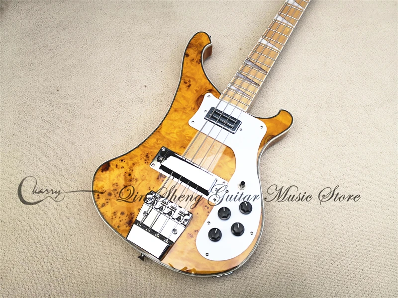 Order booking 4003 electric guitar bass, burl maple yellow veneer 4 strings bass,fixed bridgechrome buttons pickups