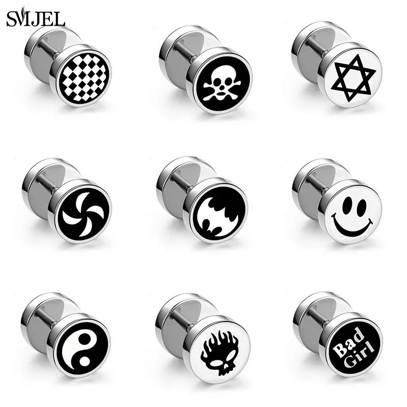 1Pc Punk Black Multiple Styles Stainless Steel Stud Earrings For Men Women Gothic Hip Hop Ear Jewelry Skull Star Studs 2024