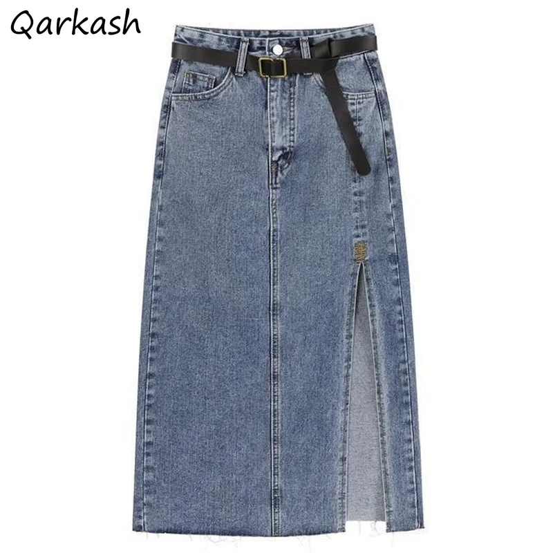 

Skirts Women Denim Pure Color Minimalist Vintage Fashion All-match Summer Street Style Student Retro Side-split Button A-line