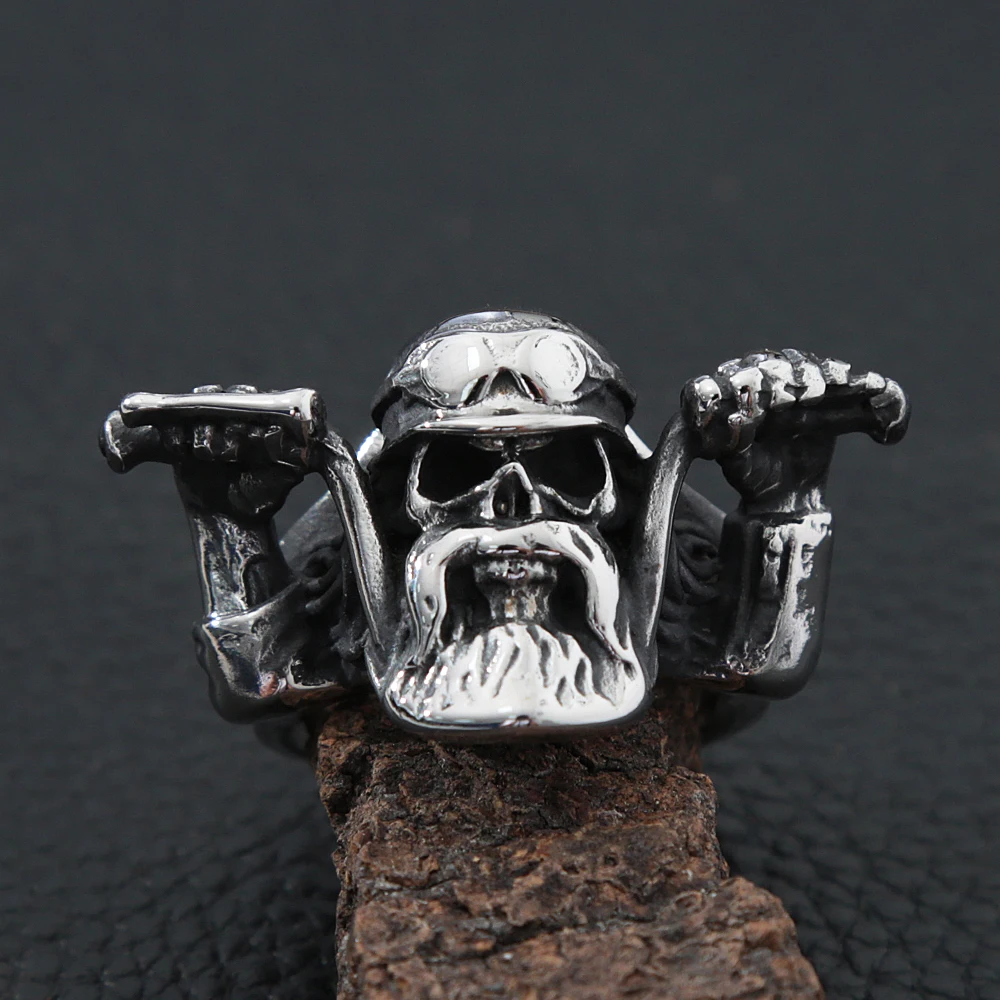 Punk Rock Motorcyclist Skull Ring For Men Gothic Big Beard Skull Stainless Steel Biker Ring Fashion Men Jewelry Gift Wholesale