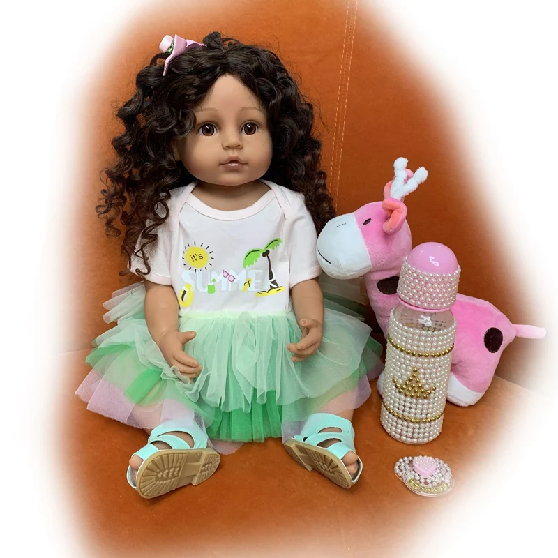 

55CM FULL Body Silicone Doll Bebe Reborn Doll in African American Skin Bonecas Bebe Girl Doll with Afro Curly Hair Xmas Gift Toy