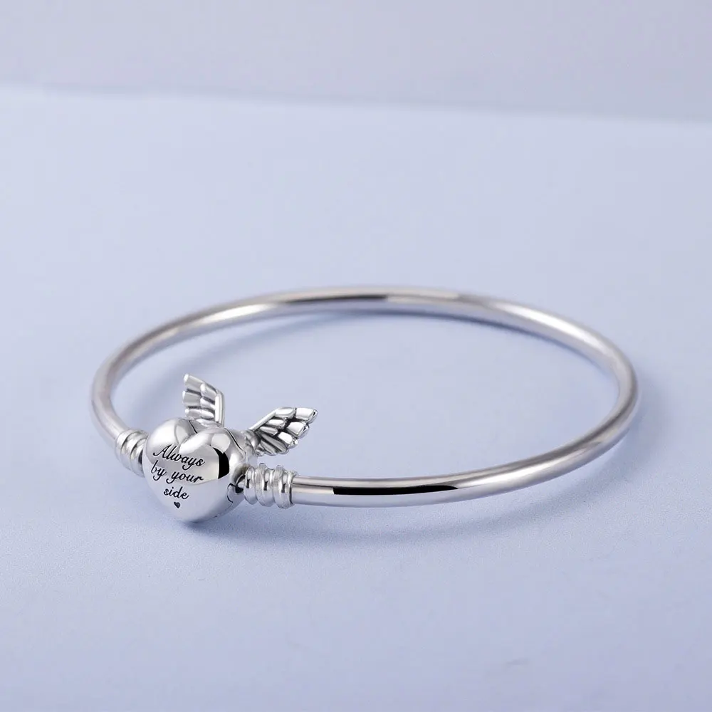 

925 Sterling Silver Smooth Bangle Bracelet with Heart Wings Charm Clasp For Women Fit European Pandora Charm Beads Jewelry