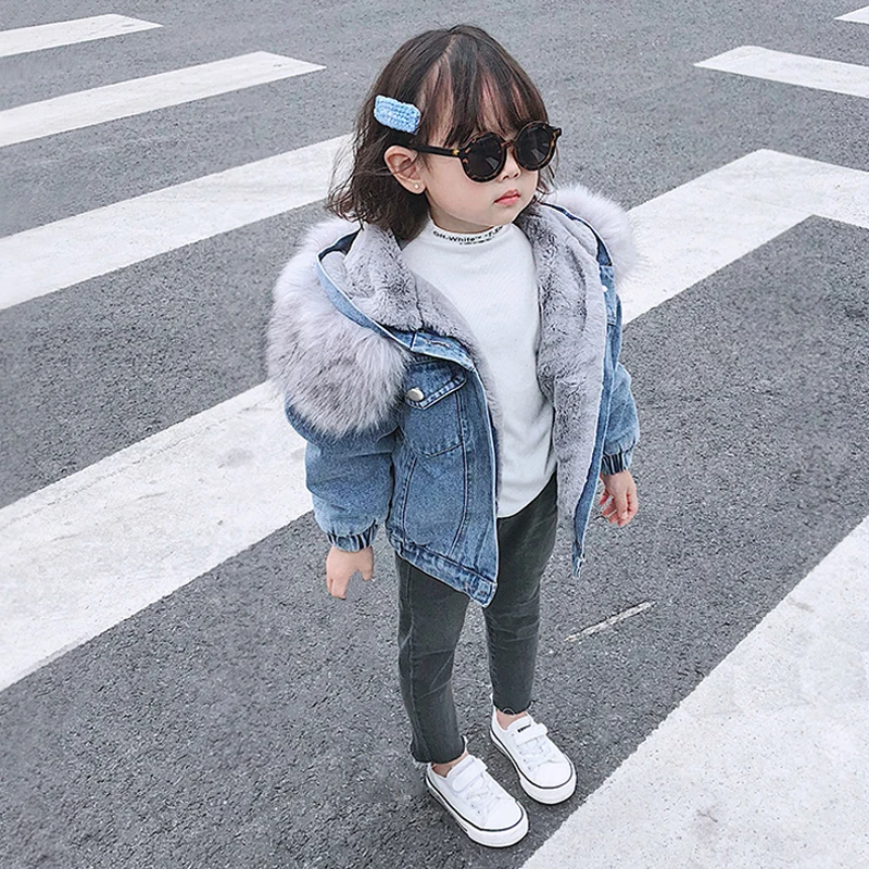 Baby Girl Deinm Jacket Winter Toddler Kids Faux Fur Hooded Fleece Warm Denim Coat 1-10Years Children Thick Outwear Coat Overcoat