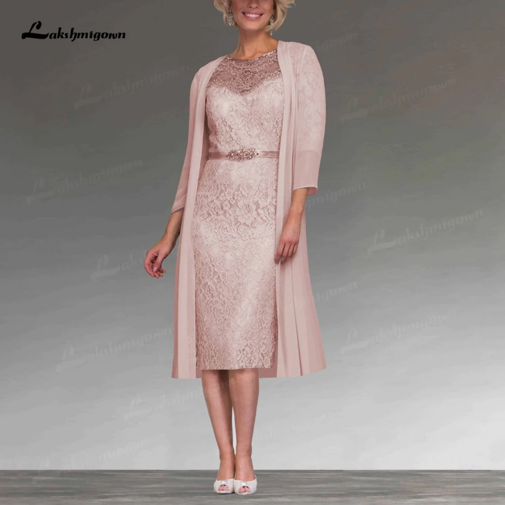 

Graceful Pink/Gray Chiffon And Lace Women's Dresses A-line 3/4 Sleeves Appliques Sash Knee-Length Short Vestido Mae De Noiva