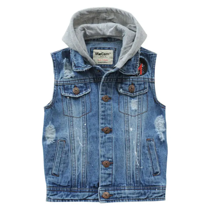 Boys' Denim Coat With Hood Broken Hole Design Kids Sleeveless Waistcoat For Children's Age 2-14 T Jean Vest Jacket LC401