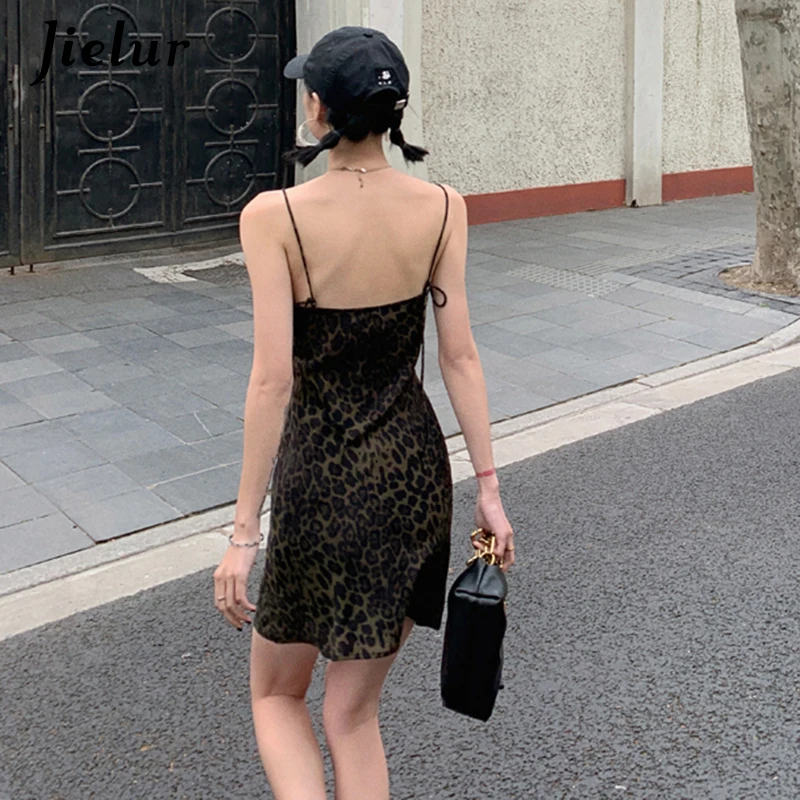 Jielur Summer Women\'s Leopard Dress Sleeveless V-Neck High Waist Woman Dresses Skinny Elegant Lady Sexy Dress For Female S-L