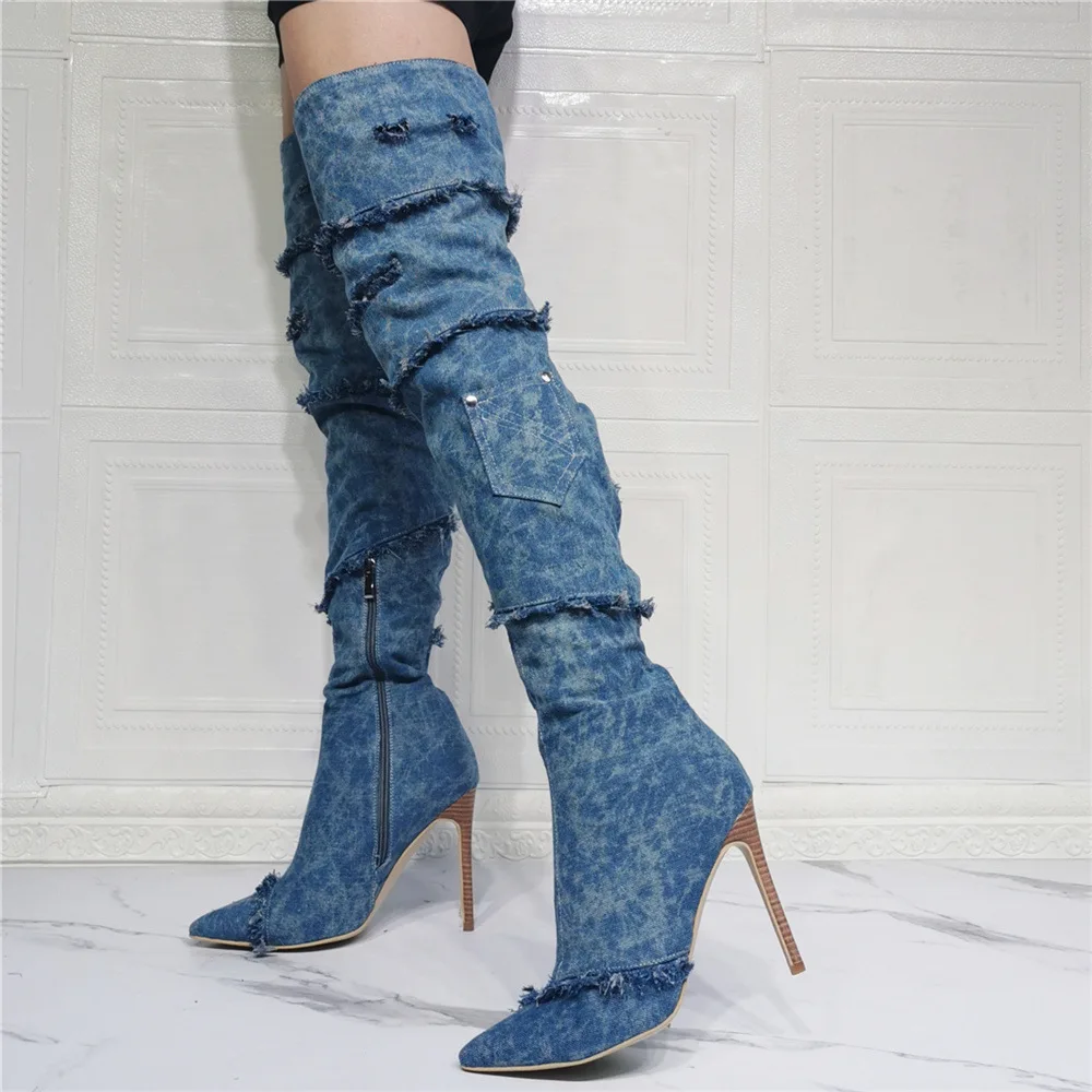 Kolnoo Handmade Cổ Điển Giày Cao Gót Quá Đầu Gối Giày Denim Miếng Dán Cường Lực Da Tối Đùi-Giày Cao Gợi Cảm Thời Trang Mới giày