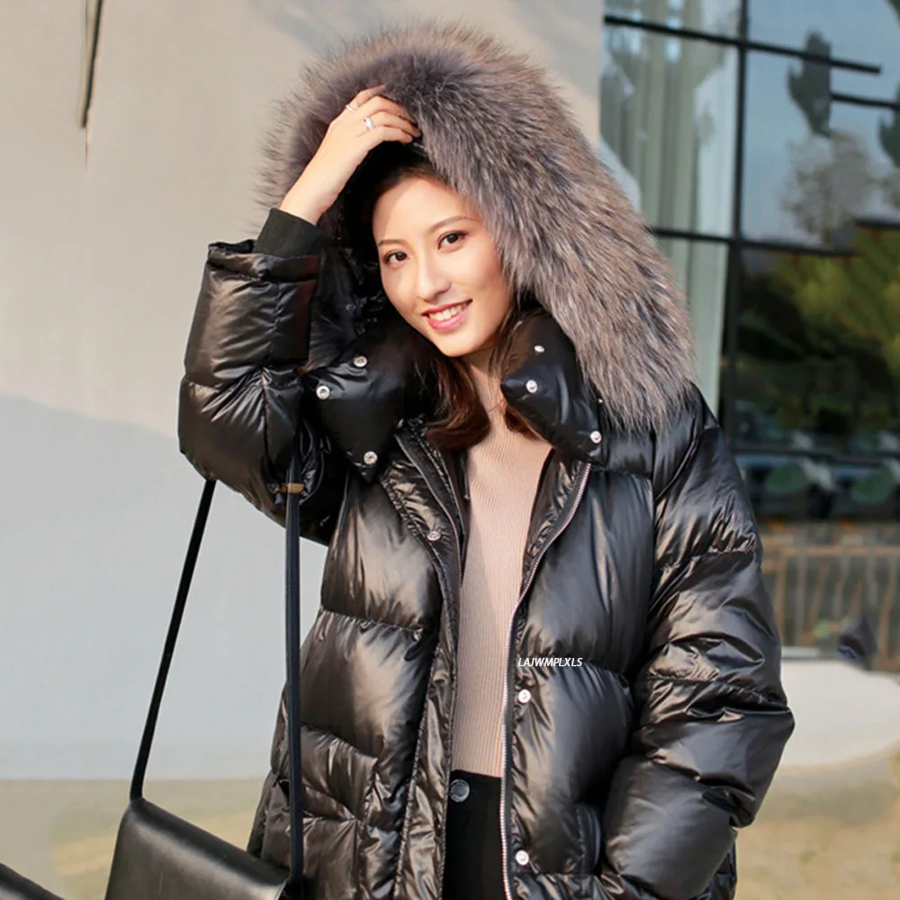 2021 Long Down Jacket Women Winter Black Loose Real Raccoon Fur Hooded Fashion Waterproof Female Duck Down Puffer Coat