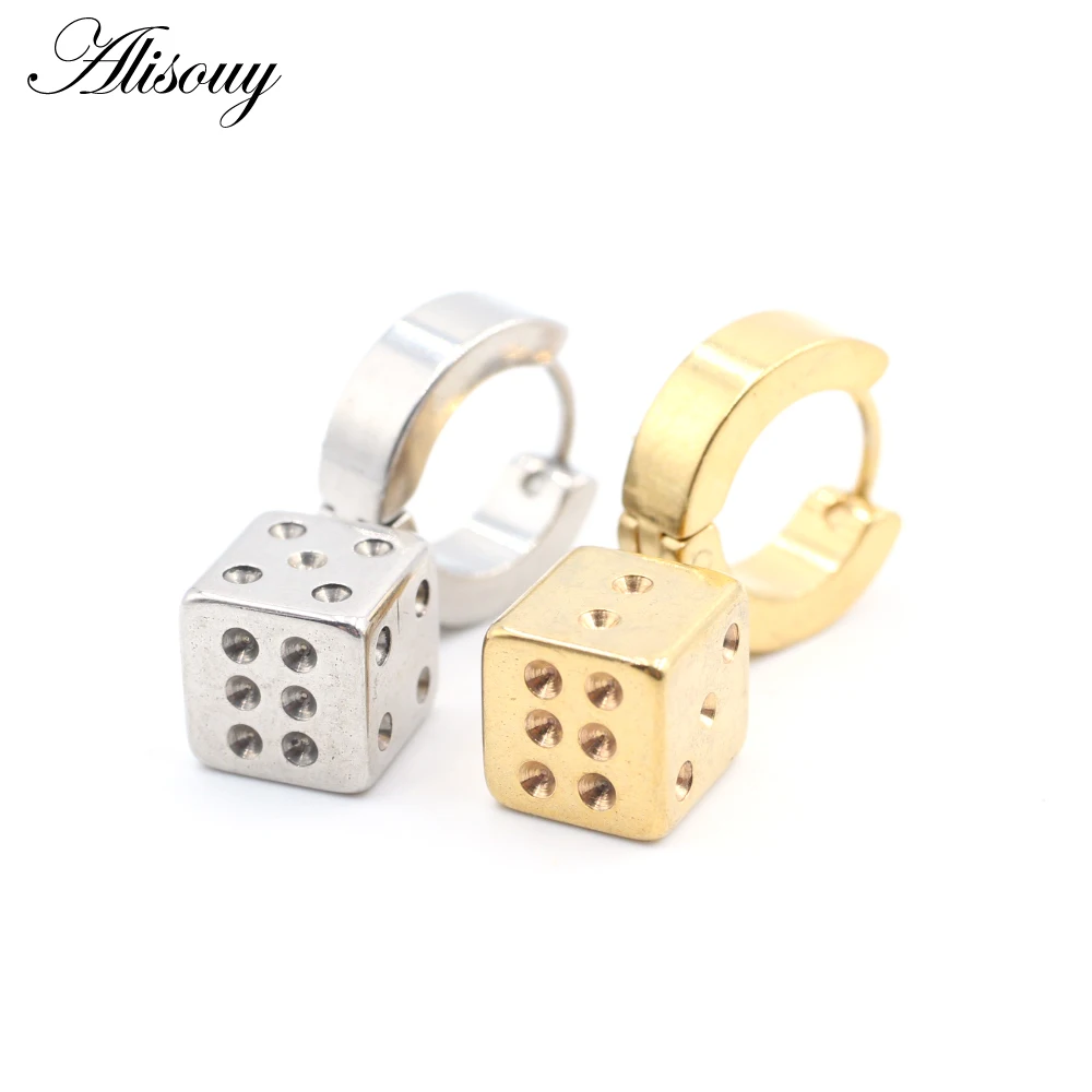 Alisouy 2pcs Punk Stainless Steel Stud Huggie Hoop Earrings for Women Men Cube Square Dice Dangle Earrings Hiphop Goth Earrings