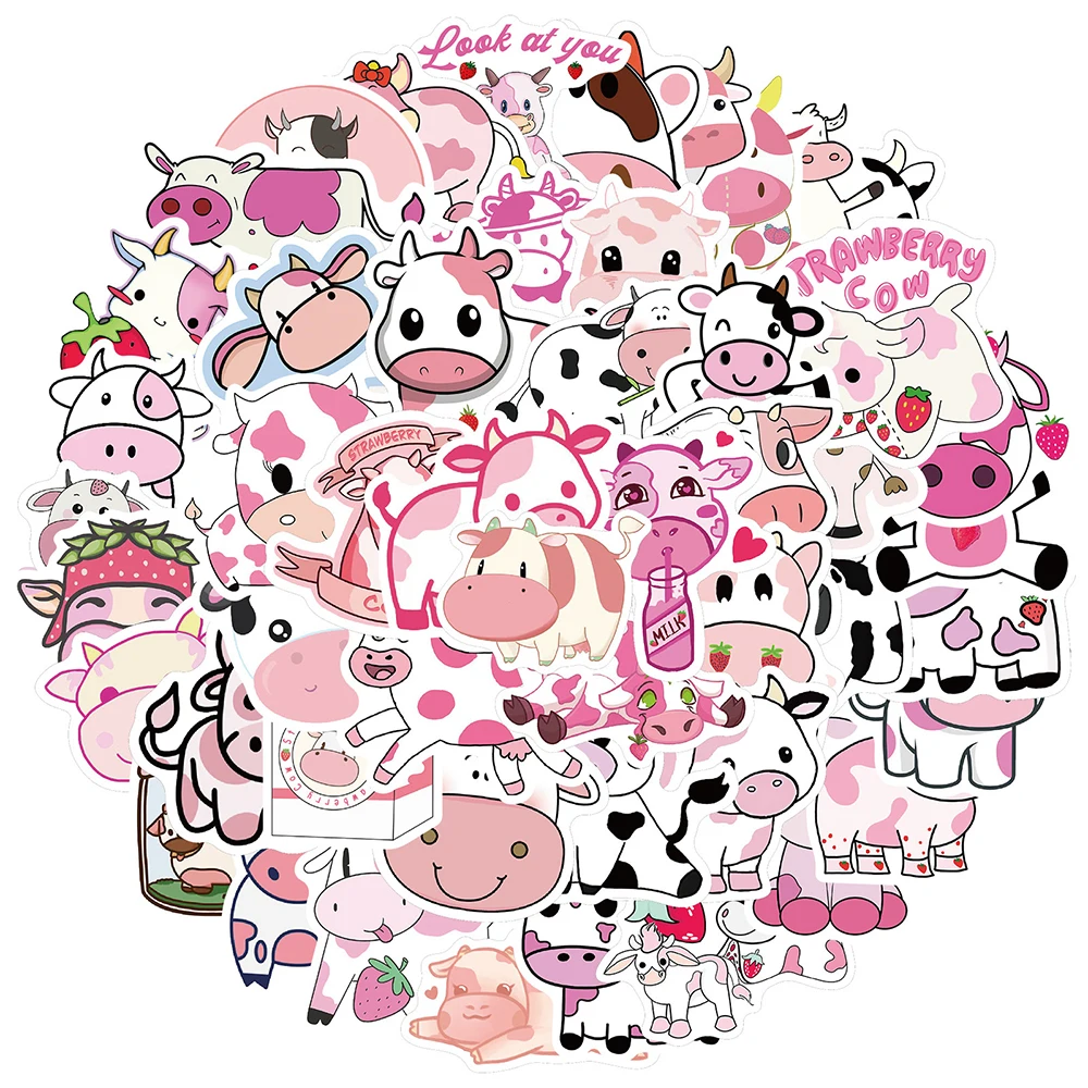 10/30/50PCS Cute Strawberry Cow Animals Cartoon Graffiti Stickers Aesthetics Laptop Guitar Phone Bike Car Sticker Decal Kid Toy