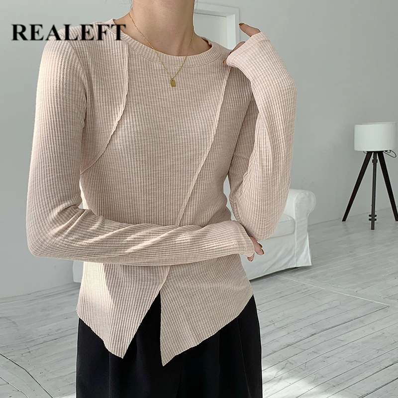 REALEFT 2021 New Autumn Women's Tops Shirts Fashionable Irregular Bottom Design Long Sleeve Patchwork Casual Basic Shirts Female