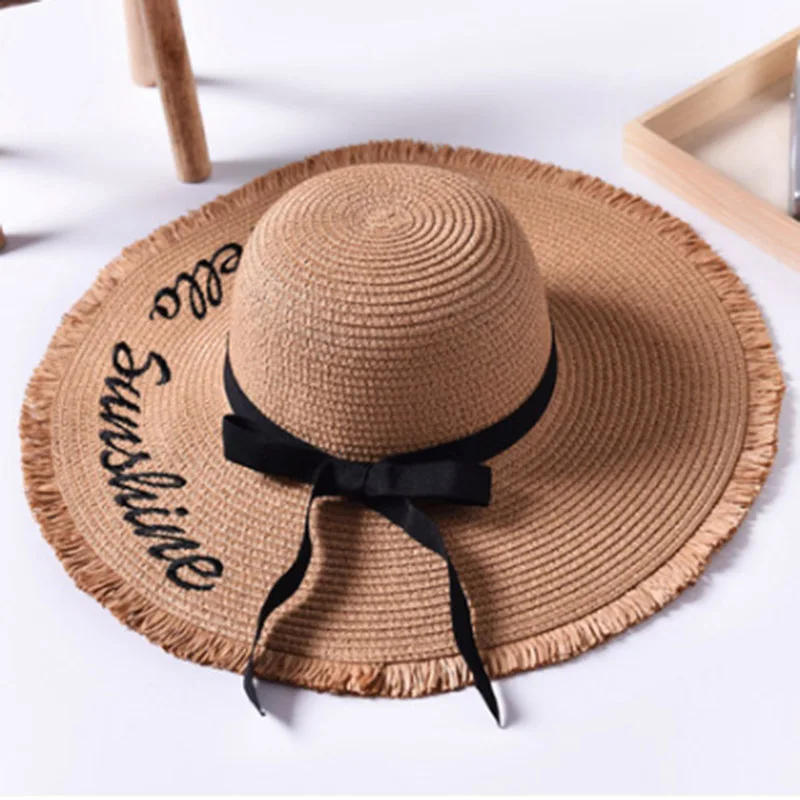 

Handmade Weave letter Sun Hats For Women Black Ribbon Lace Up Large Brim Straw Hat Outdoor Beach hat Summer Caps Chapeu Feminino