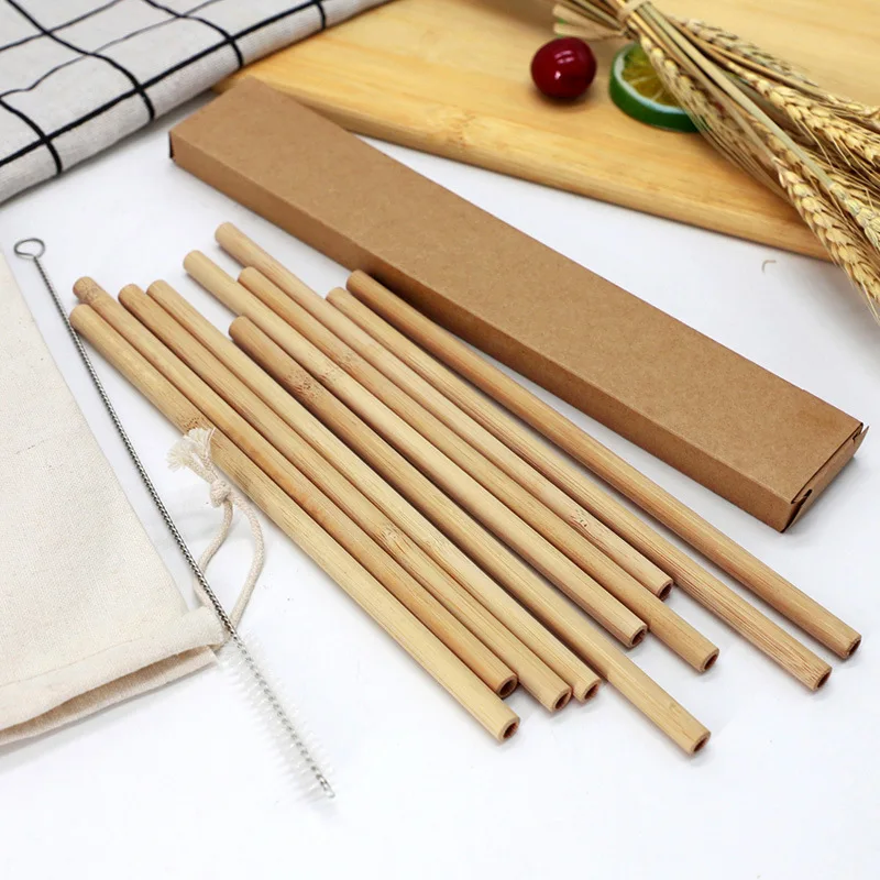 Natural Bamboo Straw Reusable Drinking Straws with Case + Clean Brush Eco-friendly Bamboo Straws Bar Cocktail Drinks Tools