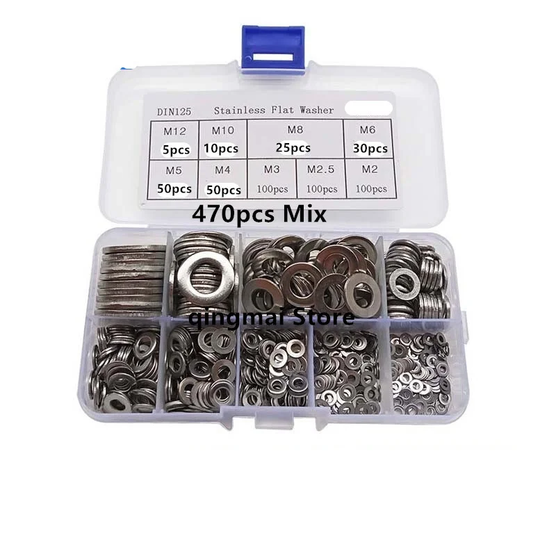 

10-470pcs M2 M2.5 M3 M4 M5 M6 M8 M10 M12 M16 304 A2 Stainless Steel GB97 Flat Washer Assortment Kit