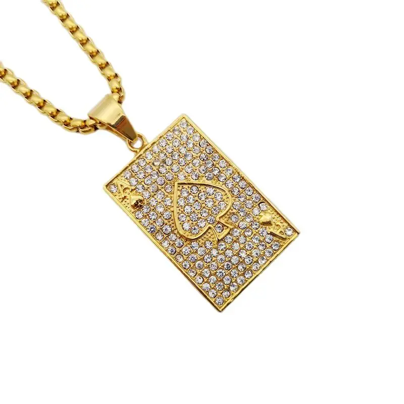 Bling Bling Full rhinestones poker Spade pendant necklace Gold color stainless steel iced out spade necklace hip hop BLKN0800