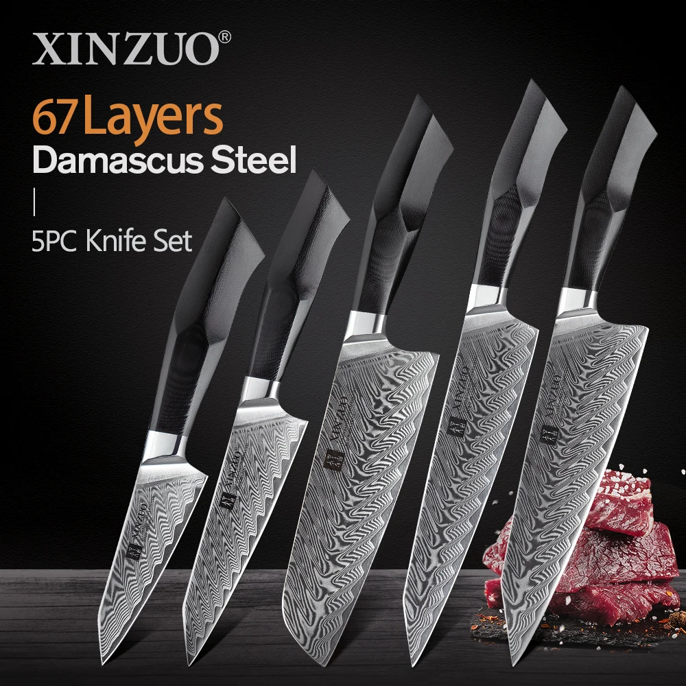 

XINZUO 5PCS Knife Set G10 Handle VG10 Damascus Steel High Carbon Japanese Kitchen Chef Knives Set Stainless Steel Knife 2020