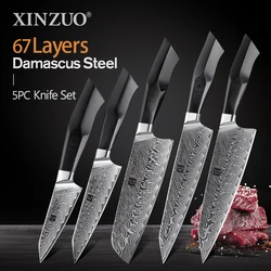 XINZUO 5PCS Knife Set G10 Handle VG10 Damascus Steel High Carbon Japanese Kitchen Chef Knives Set Stainless Steel Knife 2020