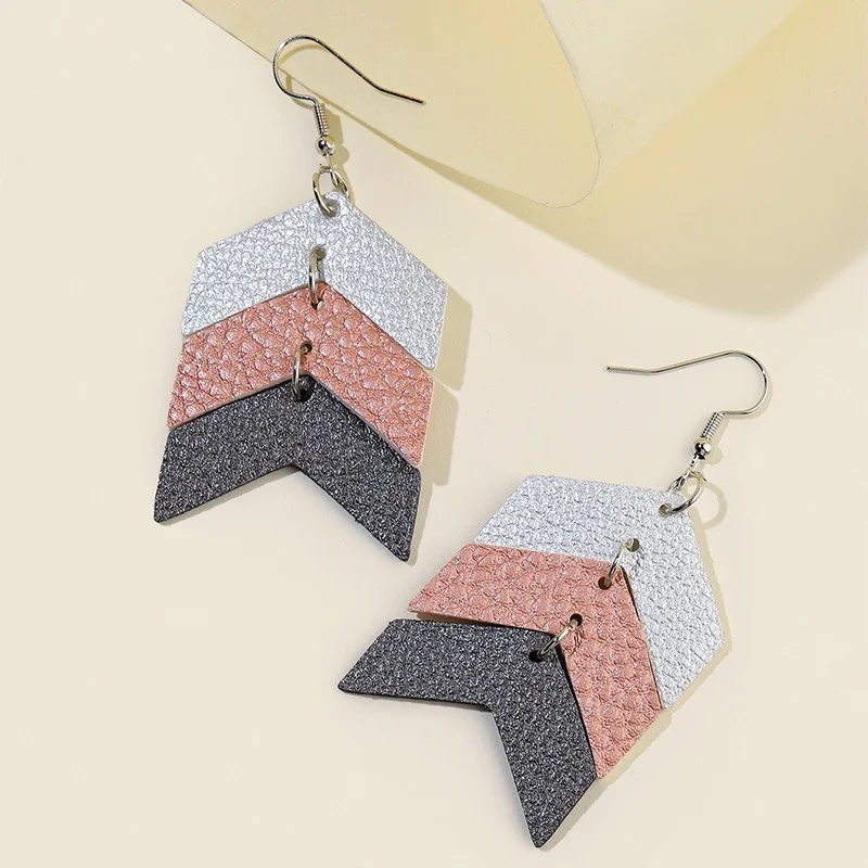 New Personality Stitching Arrow-shaped Leather Earrings Lychee Pattern Multicolor Double-sided Pu Jewelry for Women Wholesale