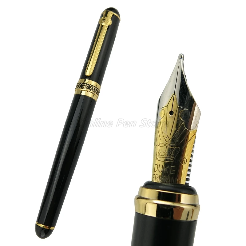 

Duke D2 Black Barrel Metal Fountain Pen Medium Nib Gold Trim Professional Stationery Supplies Writing Tool Pen Gift