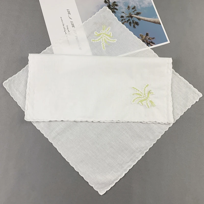 ladies handkerchief  Wedding Bridal Hankies with Scalloped Edges and Color embroidered Floral 12 x12 inch