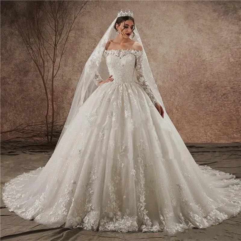 Robe de Mariée Bouffante en Dentelle Brillante, Manches sulf, à Lacets, Paillettes, pour les Patients, Personnalisée