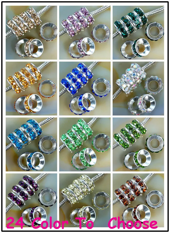 

DHL Free 10mm Mixed 12 Color Each 100 Pieces Rhinestone Crystal Rondelle Spacer Beads Lot Rhodium Plated European Beads.