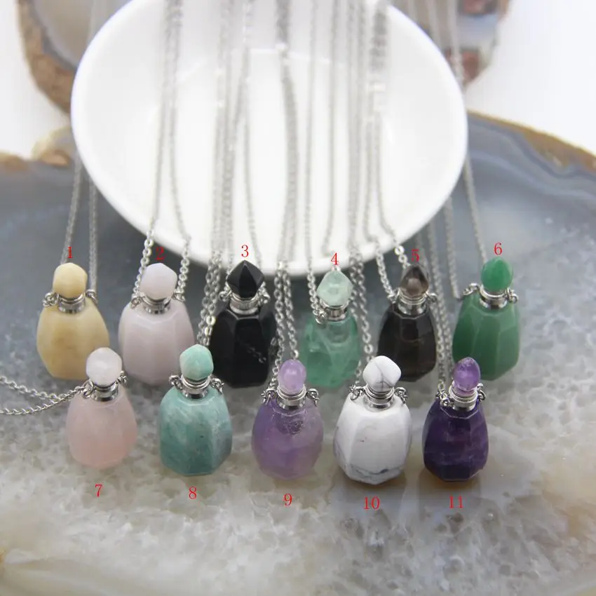 

Natural Gems Perfume Bottle Pendants Silvery Chain Jewelry,Faceted Quartz Crystal Essential Oil Diffuser Charms Necklace