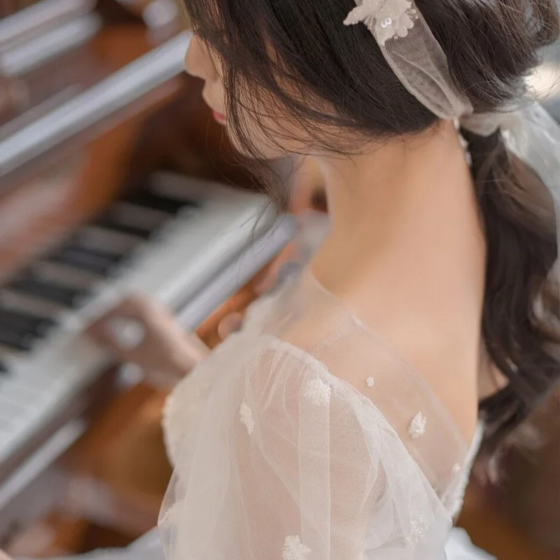 Vestido de casamento retrô em estilo francês, vestido longo de princesa, costas nuas e gola redonda, manga curta de tule