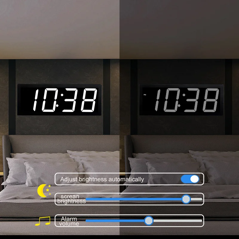 Relógio de parede digital com controle do aplicativo, despertador, hora, data, temperatura, som ativar, contagem regressiva, brilho stepless, soneca