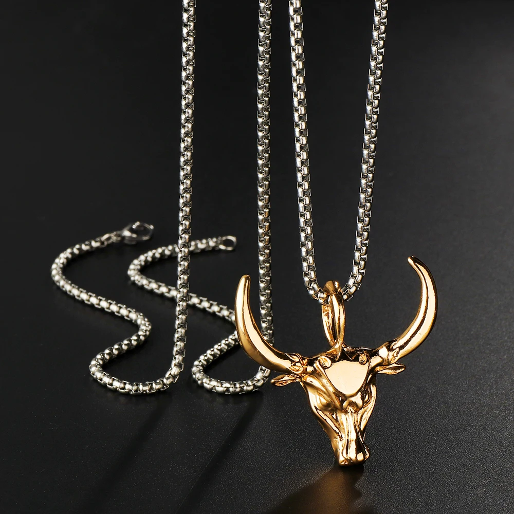 Trendy Stainless Steel Ox Head Pendant Rock Big Horn Gold Color Long Chain Necklaces For Women Men Fashion Party Jewelry Gift