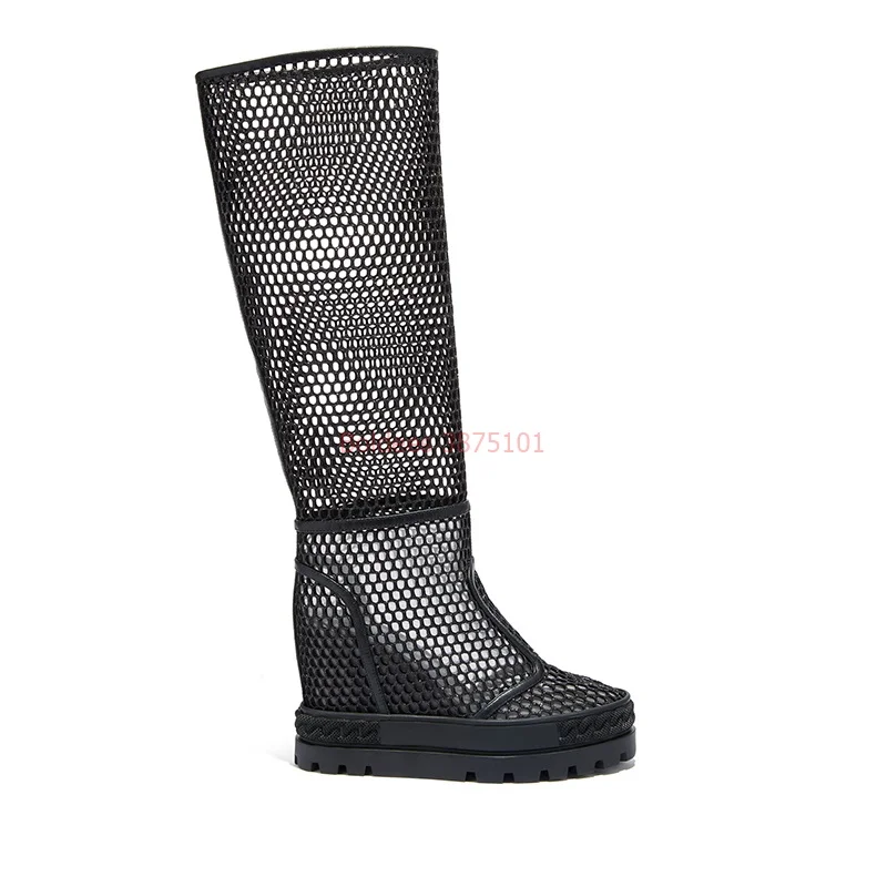 Summer perforation hole knee high boots height increasing women wedges heels slip on botas Black Eyes Shoes