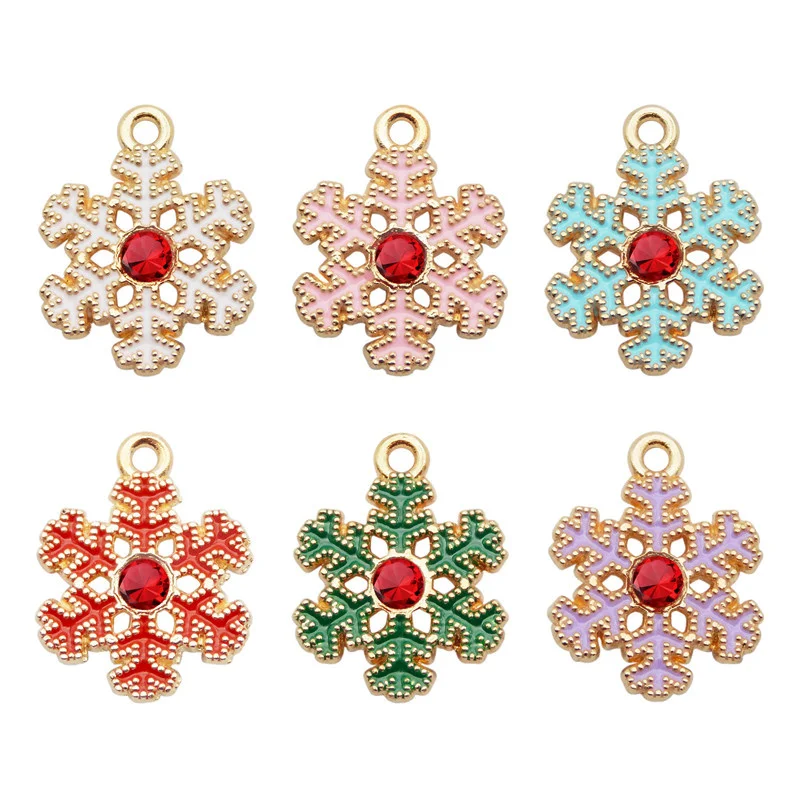 6PCS Enamel Snowflake Charms Rhinestone Mix Colors Christmas Decor Necklace Keychain Pendant Bracelet Earring Jewelry Accessory