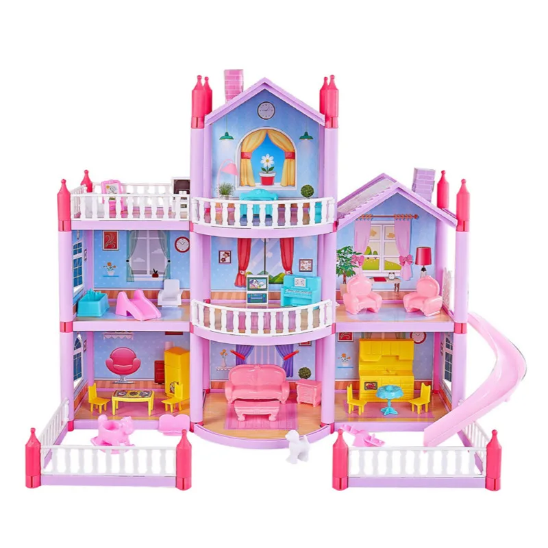 Princess Big Villa DIY Dollhouses Pink Castle Play House With Slide Yard Kit Assembled Doll House Toys For Girls Children Gifts