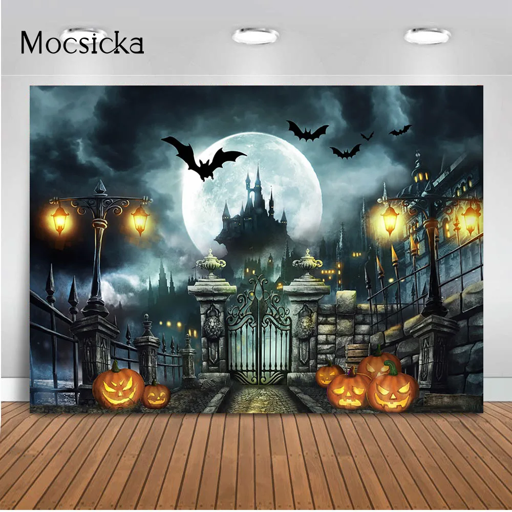 Full moon night Backdrop for Photography Bat and Spooky castle birthday portrait photo background studio photocall pumpkin prop