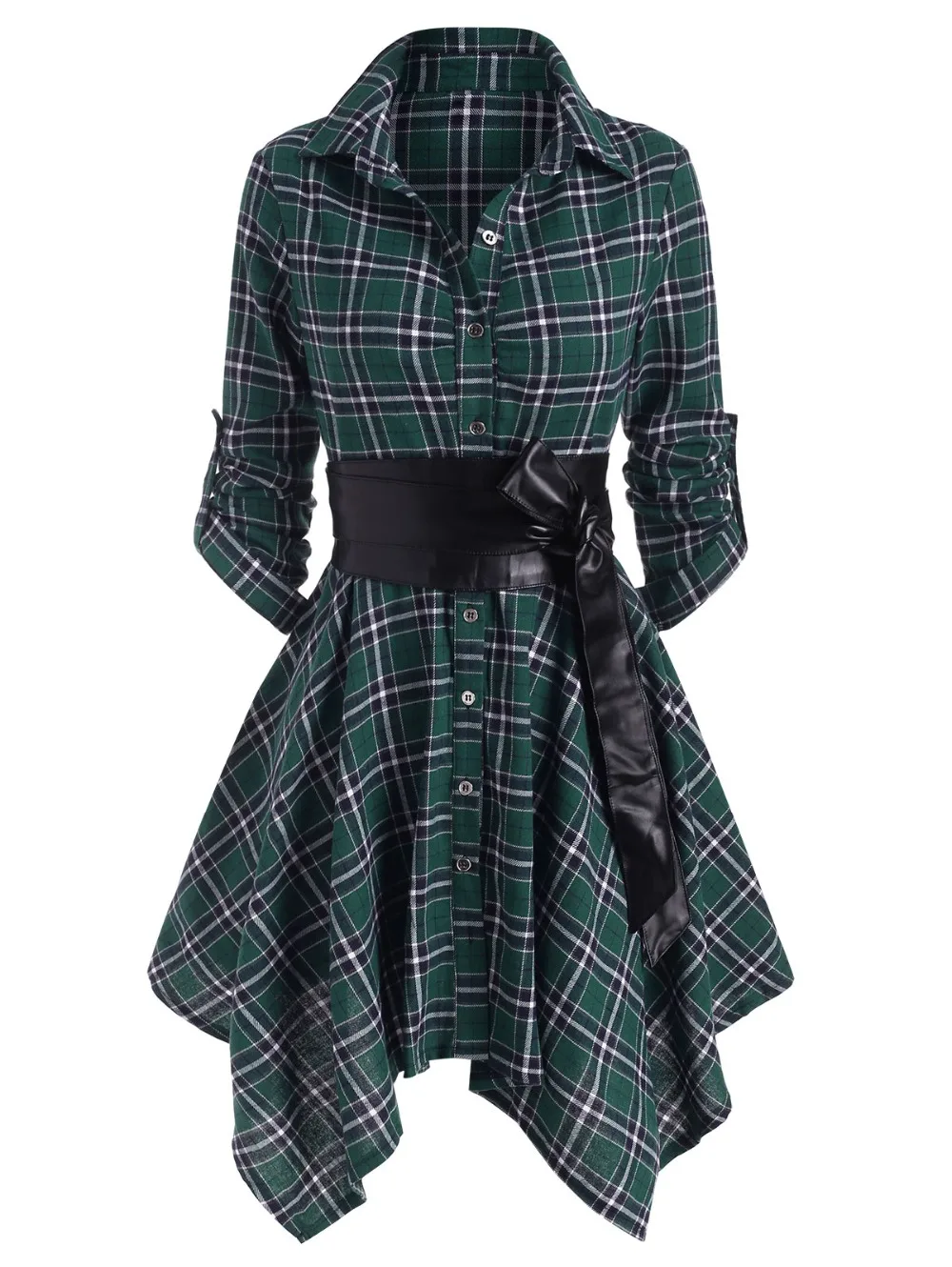 Women Red Plaid Belted Roll Tab Sleeve Handkerchief Dress Grunge Gothic Casual Dresses Vestidos Button Up Long Sleeve Streetwear